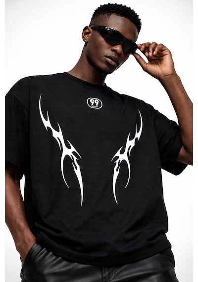 Yolo Street Oversize Unisex Tişört %100 Pamuk Tribal Baskı Streetwear Siyah/beyaz Siyahgokce