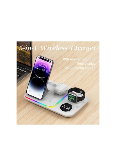 A82 5in1 Telefon Saat Kulaklık Wireless Şarj Cihazı Rgb Işıklı Katlanabilir 30w Kablosuz Şarj