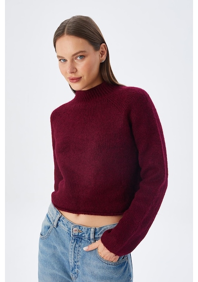 Mixray 6854 Kadın Dik Yaka Bütün Crop Triko Kazak Bordo