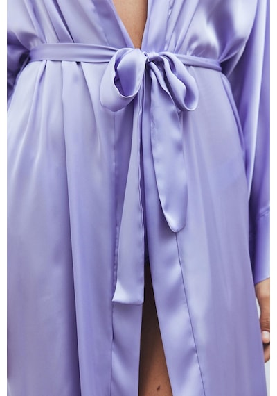Frappant Lila Uzun Saten Sabahlık / Kimono Lila