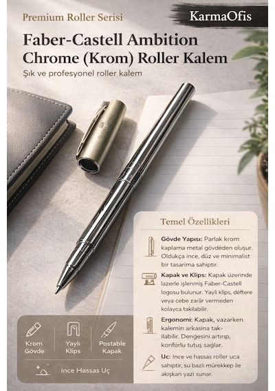 Faber-castell Ambition Chrome Roller Kalem Premium Krom Gövde Şık İmza Kalemi Diğer