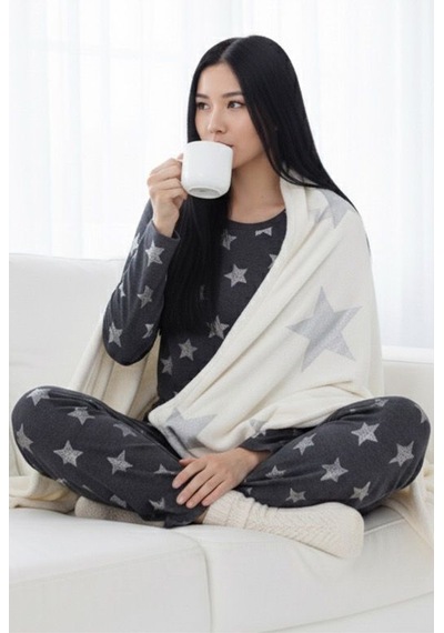 Siyah İnci Puan Desenli Örme Pijama Takım 7792 Antrasit Yıldız