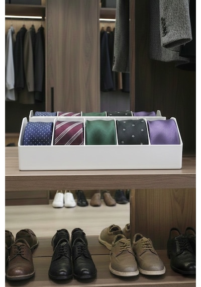 10 Bölmeli Kemer Organizer, Çorap, Kravat, Takı, Makyaj, Çekmece, Dolap İçi Depolama beyaz