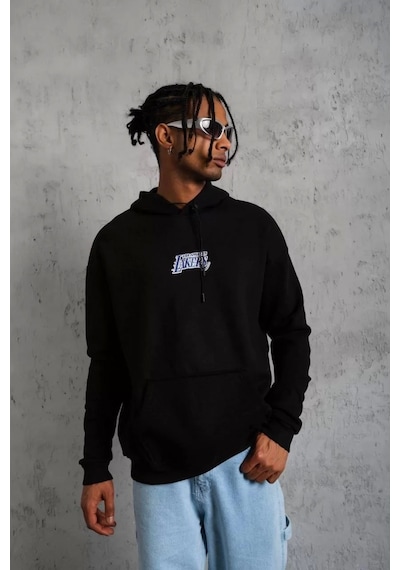 Erkek Baskılı Oversize Üç İplik Kapüşonlu Sweatshirt - Siyah