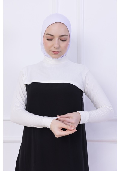 Loggia Balıkçı Yaka Boyunluklu Kolluk Ekru - Likralı Dik Yakalı Kadın Body Tesettür Crop Bolero Ekru