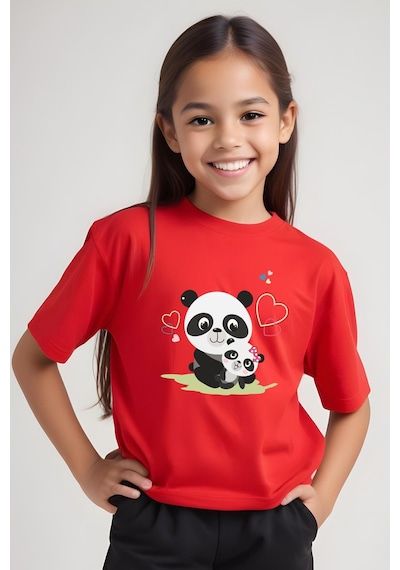 Panios Kids Mother Panda Baskılı Kız Çocuk Kısa Kollu T-shirt Kırmızı