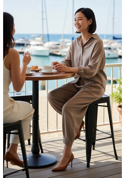 Benerly Kadın Büyük Beden Oversize Gömlek Yaka Uzun Kol Bol Paça Pantolon Vizon