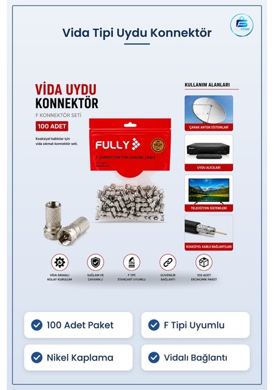 Vida Tipi Uydu Konnektör 100'lü F Koaksiyel Kablo Vidalı Seti Bağ
