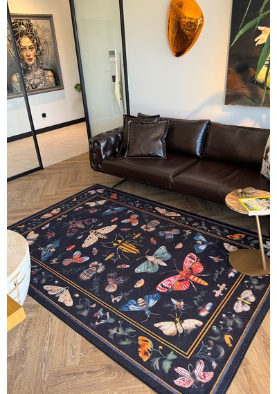 Fiora 218 Siyah Kelebekli Çiçekli Halı Tasarım Modern Oturma Odası İnce Yazlık Ev Oda Salon Halısı Renkli B