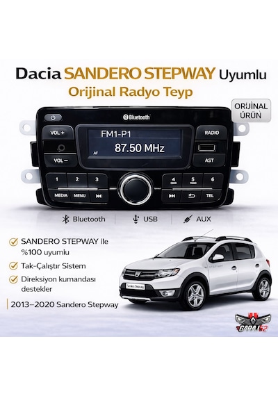 Dacia Sandero Stepway Uyumlu  Radyo Teyp Cd Siz Yeni Versiyon Beyaz Ekranlı 280218771r