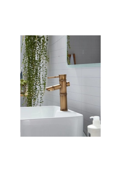 Rena Design Bambu Model Rustik Antik Lavabo Bataryası Banyo Musluğu Eskitme Lavabo Armatür Otantik Bakır Görünüm
