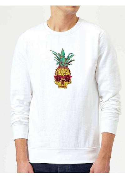 Ananas Kafatası Illüstrasyon Baskılı Beyaz Erkek Sweatshirt