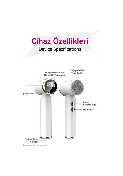 6 Başlık 3 Aşamalı Led Şarjlı Ekranlı Peeling Yüz Masaj Cilt Bakım Cihazı Aleti Frimatör Brush Beyaz