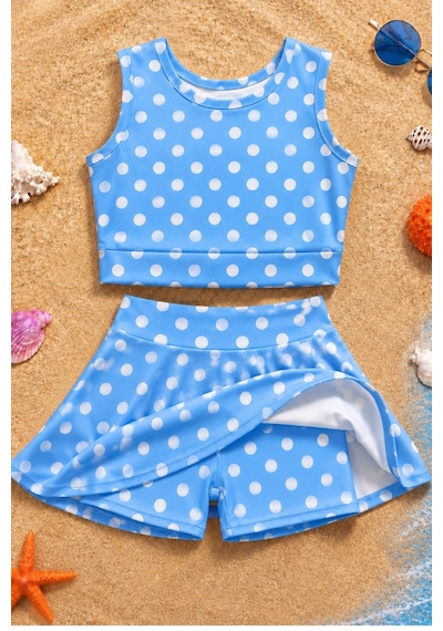 Esila Kids Kız Çocuk Puantiyeli Etekli Mayo Takımı Mavi