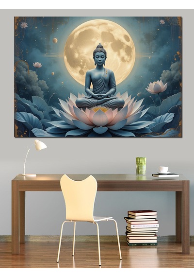 Lotus Üzerinde Meditasyon Buda Dekoratif Kanvas - Mdf Ahşap Tablo