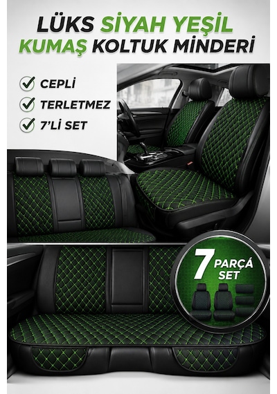 Volkswagen Beetle / Kaplumbağa 1938 2003+ Üniversal 7 Parça Kapitone Koltuk Minderi Siyah Yeşil