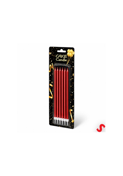 Metalik Kırmızı İnce Uzun Pasta Mumu 19 Cm - 6 Adet