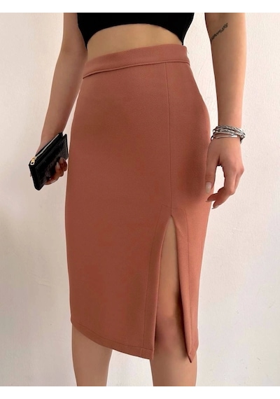 Byb Moda Tasarım Uzun Midi Boy Yırtmaçlı Etek Somon S24907 Somon