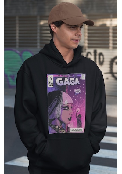 Sevbano Tasarım Lady Gaga Baskılı Unisex Oversize Şarkıcı Hoodie Siyah