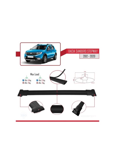 Dacia Sandero Stepway 2012-2020 Arası İle Uyumlu Fly Model Ara Atkı Tavan Barı Siyah