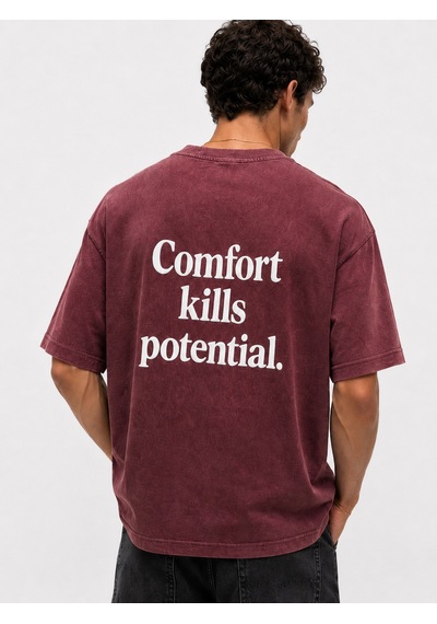 Respire Erkek Puf Baskılı Yıkamalı Oversize T-shirt Bordo