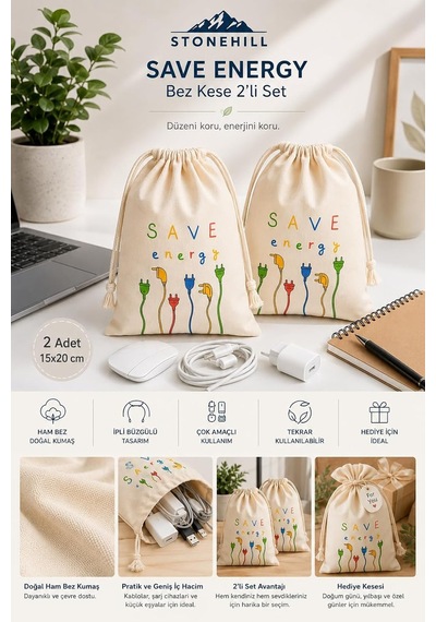 Save Energy Baskılı Bez Kese 15x20 Cm 2'li Set - İpli Pamuklu Çok Amaçlı Saklama Kesesi, Kablo Düzenleyici, Hediye Kesesi Belirtilmemiş