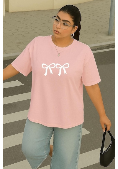 Büyük Beden 2 Li Kurdela Baskılı Unisex Tişört Pembe