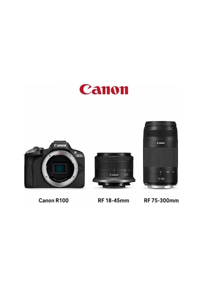 Canon R100 Aynasız Fotoğraf Makinesi RF 18 - 45 + RF 75 - 300 Double Lens Kit