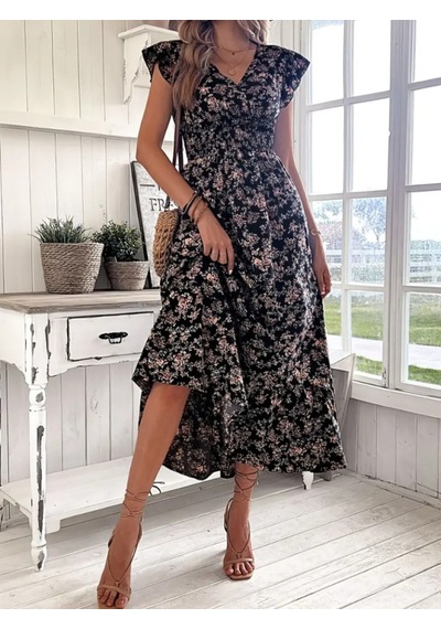 Efnaz Style Kadın Kısa Kollu Kruvaze Yaka Beli Lastikli Çiçek Desenli Elbise Siyah