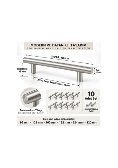 Paslanmaz Metal Kulp, Inox Dolap Çekmece Mobilya Kulbu, Tv Ünitesi Yatak Odası Vestiyer Mutfak İçin 96 Mm, Adet, 10 Belirtilmemis