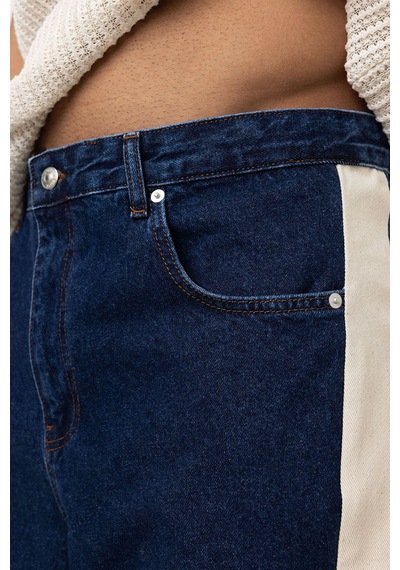 Vamos Yan Şeritli Baggy Fit Jean Mavi