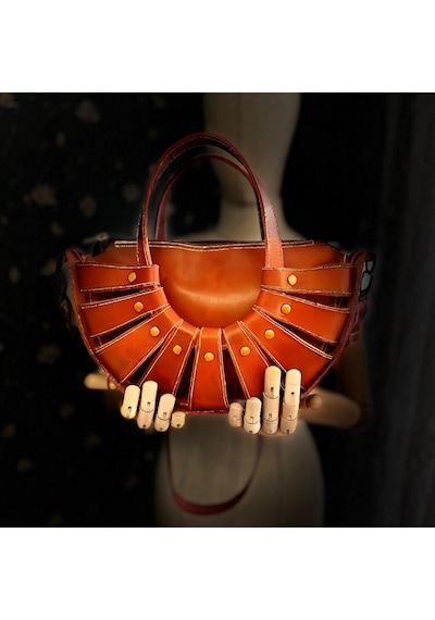 Carıdea El Yapımı Hakiki Deri Bayan Çanta, Clutch, El Omuz Çantası V95 Kiremit