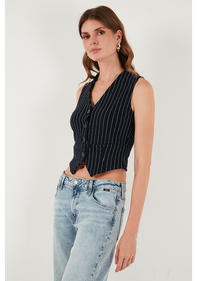 Lela Streç Fitted Fit V Yaka Düğmeli Bayan Yelek 5865971 Lacivert-Beyaz