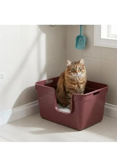Yarı Açık Bordo Kedi Tuvaleti 54x40x32 Cm, Rahat Kullanım Açık Ahşap