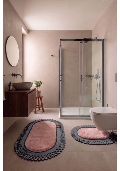 Banyo Paspası Takımı 60x100+40x60 Cm Dış Trikot Pembe & Antrasit Gri