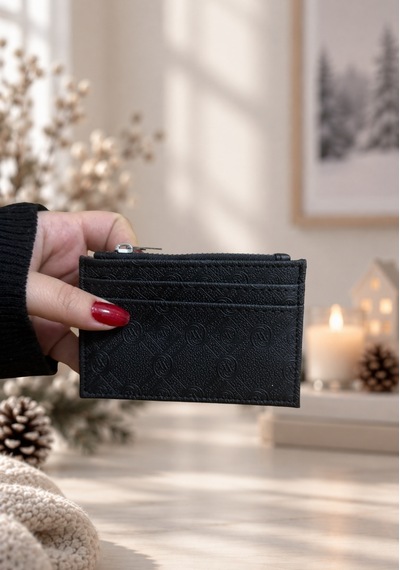 Elpida Bags Kabartma Dokulu Fermuarlı Siyah Deri Kartlık SİYAH