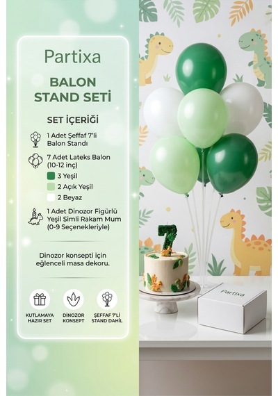 Dinozor Temalı Yeşil Simli Rakam Mum Ve Balon Standı Seti - Doğum Günü Parti Süsleri 0-9 Yaş 3 - 7