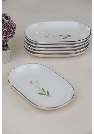 Tabak Evi Porselen Natura Çuha Altın Yaldızlı Oval Kayık Tabak 18x11x2,50cm 4 Lü Çok Renkli