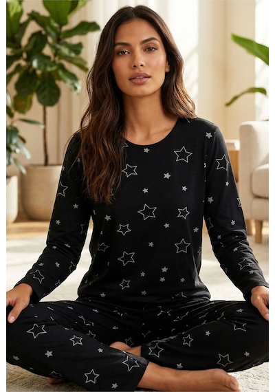 Siyah İnci Siyah Yıldız Desenli Pamuklu Pijama Takımı Siyah Yıldız Desen Siyah İnci Siyah Yıldız Desenli Pamuklu Pijama Takımı Siyah Yıldız Desen