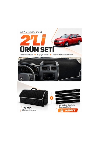 E-biz Dacia Logan Mcv 2012-2021 Uyumlu Torpido Örtüsü + Tay Tüyü Bagaj Çantası - Siyah-gri - Re015