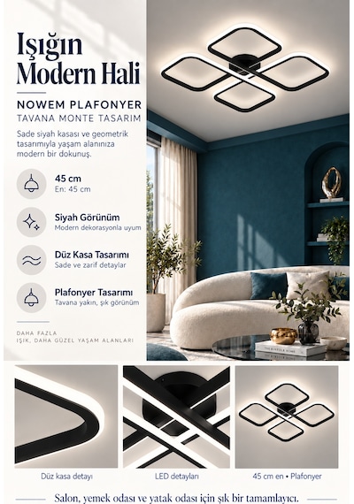 Novem Büyük Plafonyer Modern Ledli Avize 3 Renk Power Ledli Siyah Kumandalı Yatak Odası Salon Mutfak