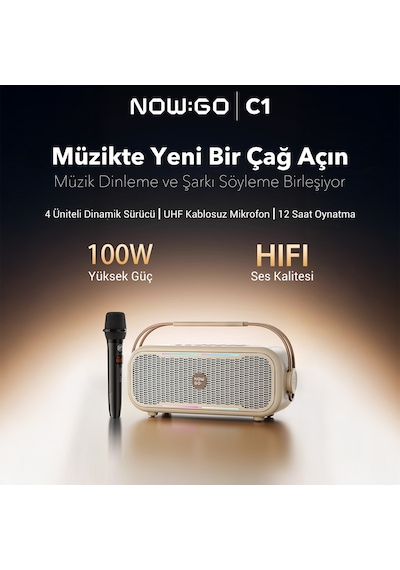 Nowgo C1 100w Taşınabilir Rgb Bluetooth Hoparlör Mikrofonlu Karaoke Parti Speaker Bej