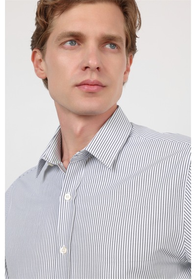 İmza Beyaz - Siyah Sert Yaka Uzun Kol Cepsiz Slim Fit Pamuklu Gömlek 1004260214