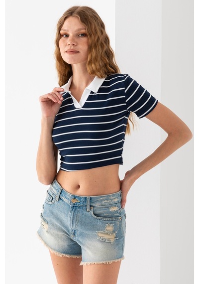 Giysa Kadın Polo Yaka Çizgili Pamuklu T-shirt Lacivert Beyaz - 25795 Lacivert - Beyaz