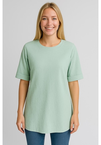 Kadın Oversize Kalıp Bürümcük Kumaş Duble Kol Yandan Yırtmaçlı T-shirt Bluz - T954 Çağla