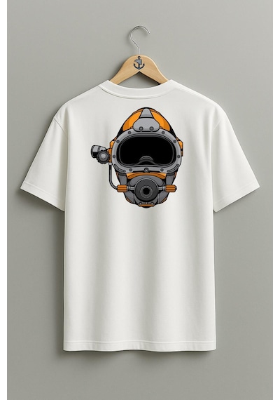 Oversize Dalgıç Başlığı - Diving Helmet Cep Ve Sırt Tasarımlı Unisex T-shirt Beyaz