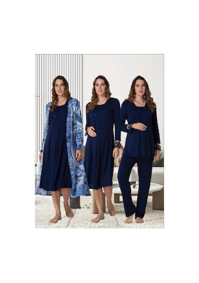 Effortt Dvina Lohusa Hamile Gecelik, Sabahlık Ve Pijama Takımı Komple Set - 4'lü Takım - Lacivert Lacivert Effortt Dvina Lohusa Hamile Gecelik, Sabahlık Ve Pijama Takımı Komple Set - 4'lü Takım - Lacivert Lacivert
