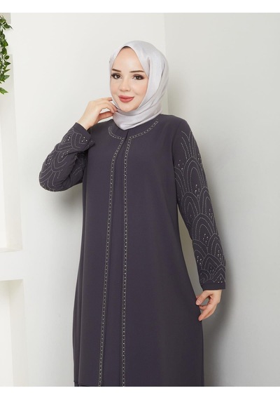 Eslemnur Kolları Taşlı Büyük Beden Anne Elbisesi Füme