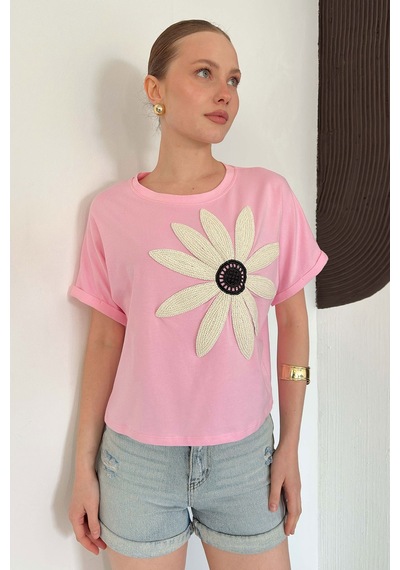 Verymoda Çiçek Detaylı Tişört D2910 Pembe