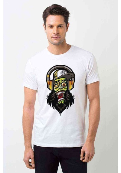Dj Zombie Skull Baskılı Beyaz Erkek Tshirt